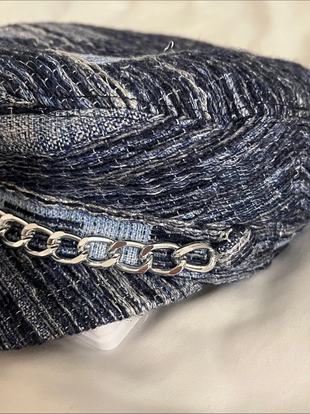 EUGENIA KIM | Women’s Navy Denim Patchwork Baker Boy Cap with SilverChain Detail